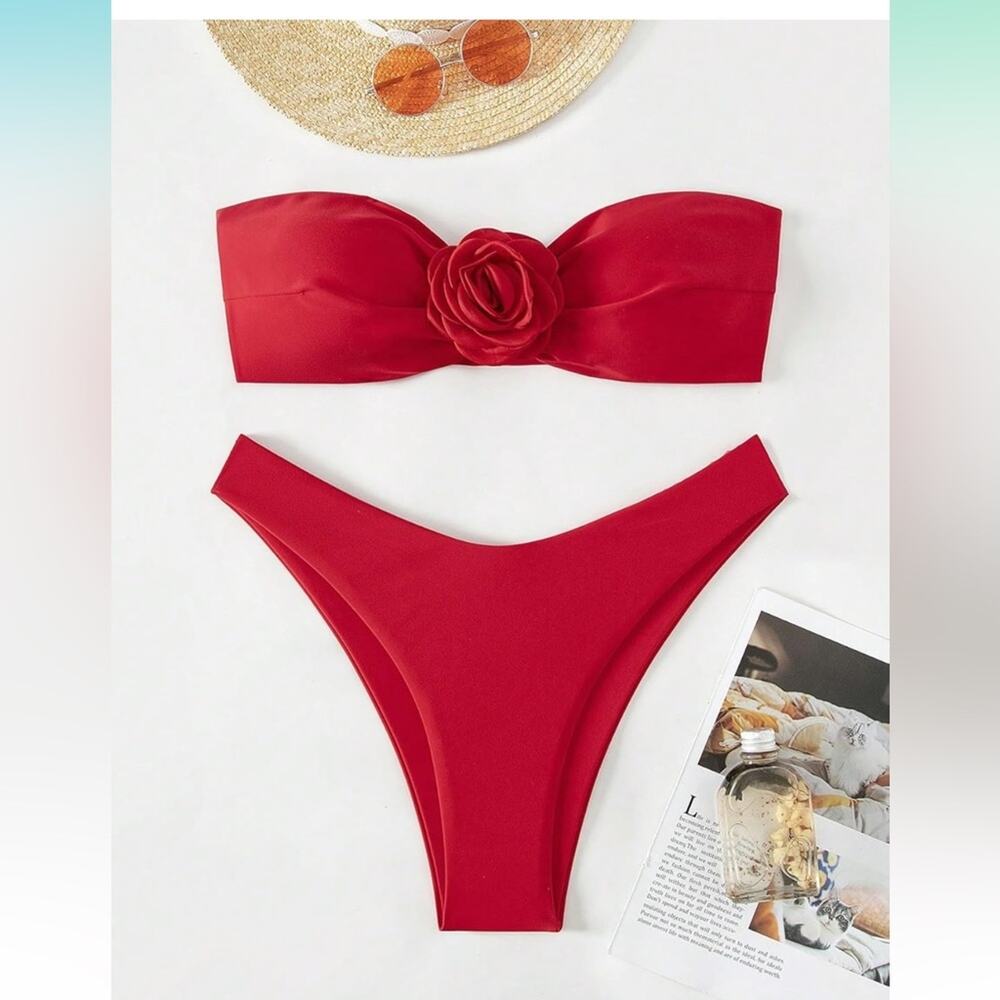 Oyoangle-Red Bandeau Flower Bikini Set-Med